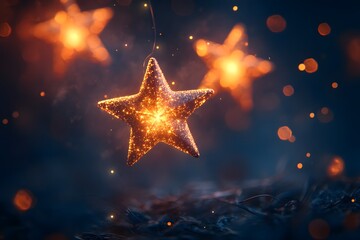 Floating Golden Stars Glittering stars suspended mid air softly glowing against a deep navy backdrop 