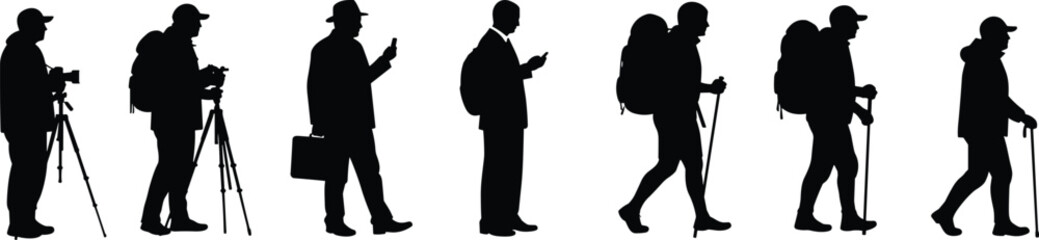 Silhouettes of people with camera, tripod, briefcase, walking stick, backpack, suit and tie, isolated vector for lifestyle and profession
