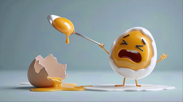A humorous egg character reacts dramatically to a spoon carrying a cooked egg, adding comic flair to a soft, clean scene.

