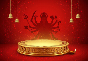 Goddess Durga silhouette in in the red gradient background, a golden pedestal and a lamp beside it.
