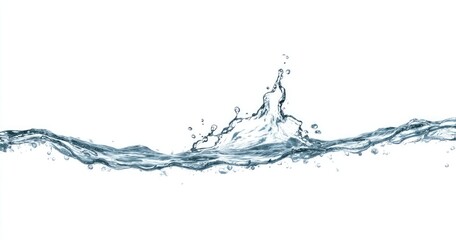 Water splash, flowing, and rippling across a white background.  A dynamic,  whitish-gray splash of water rises and arcs above the flowing water