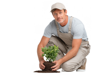A man is planting a small green shrub while kneeling on the ground, showing care and attention to the plant.