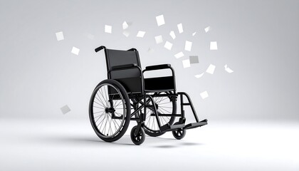 Fototapeta premium Solitary black wheelchair amidst floating paper, symbolizing hope and recovery