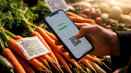 Scanning QR code on produce with a phone for information, easy shopping experience.