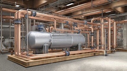An intricate network of copper pipes connects to a robust heat exchanger, revealing the precision of industrial cooling systems.
