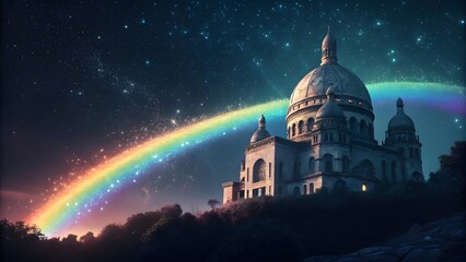 Obraz premium Majestic Dome Under Starry Sky and Colorful Rainbow in Fantasy Scene