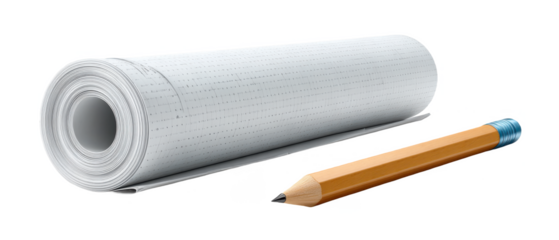 A rolled blueprint and a wooden pencil are positioned side by side, emphasizing design and planning.