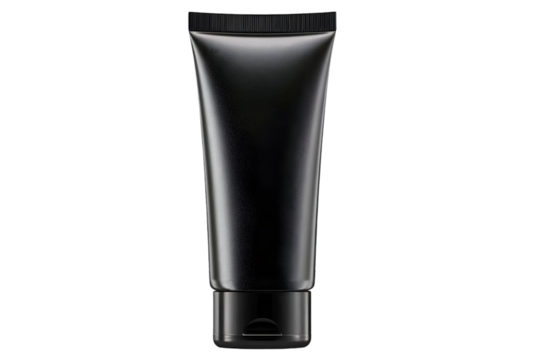 A sleek black tube stands alone against a plain backdrop, perfect for showcasing skincare or cosmetic products in an elegant way.