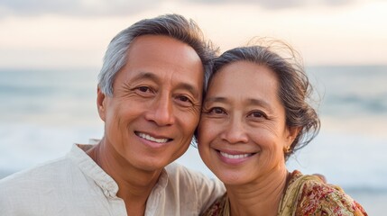 Obraz premium a beautiful, tight close-up portrait of the mature Asian couple, with their heads close together, smiling warmly at the camera, their faces reflecting happiness and contentment with the ocean blurred 