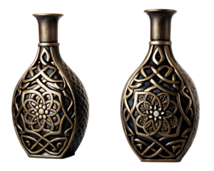 Pair Of Ornamental Metal Vases With Intricate Gold Pattern Isolated Transparent Background Illustration