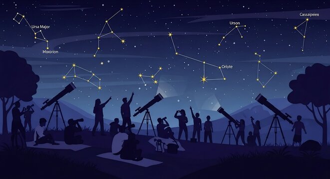 Observing Constellations: Group of People Stargazing Under a Night Sky