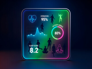 Health tracker display showing fitness stats: hydration, sleep, activity, and heart health.