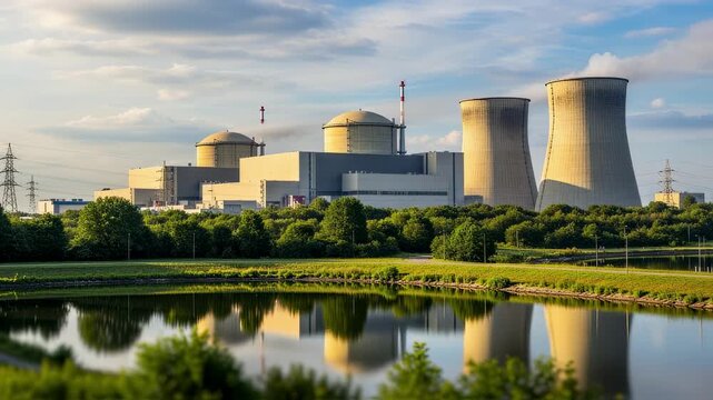Panorama of nuclear plant reactors with adjacent water bodies and green buffer zones.