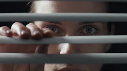 Intriguing close-up of a persons eyes and hand looking through window blinds symbolizing privacy curiosity caution or a hidden observer