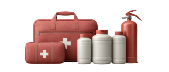 A collection of safety equipment, including a first aid kit, fire extinguisher, and storage containers.