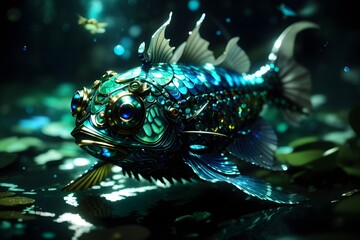 Aquatic fantasy fish art: intricate scales and ornate details in a bioluminescent underwater scene design