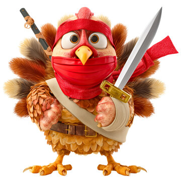 turkey character as a warrior with sword and wearing red bandana; funny cartoon thanksgiving turkey element isolated over white (transparent) background