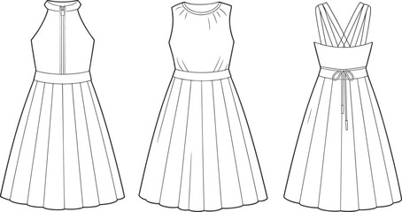 Fashionable Women's Sundress Collection: Sleeveless Halter and Spaghetti Strap Dresses, A-line Skirts, for Summer Wardrobe - Vector Illustration.