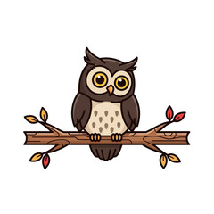 Fototapeta premium A cute cartoon owl with big yellow eyes sitting on a brown tree branch with colorful autumn leaves.