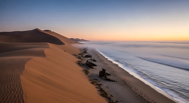Shipwreck skeletons on the skeleton coast in namibia at sunrise