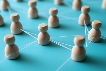 Obraz premium Interconnected Wooden Figures Linked by White Strings on a Blue Background Display