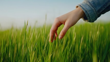 calming, rhythm, soothing, A hand gently touches vibrant green grass under a clear sky, showcasing a connection with nature and a serene moment in the outdoors.