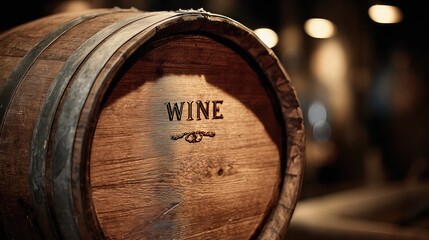 A rustic wooden barrel engraved with the word &ldquo;WINE&rdquo; sits in low light, evoking a sense of heritage, craftsmanship, and timeless cellar ambiance.
