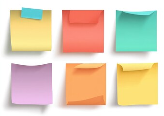Six colorful sticky notes, various shades,  curved edges,  light shadows