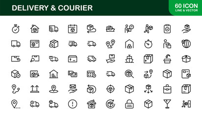 Delivery and Courier Line Icon Collection – Unique, clean, and creative icons illustrating transportation, package handling, and courier solutions