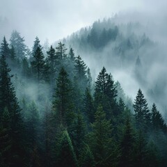 A misty forest with fog rolling between the trees.