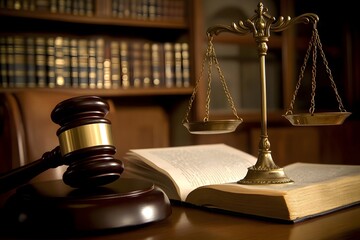 A courtroom chair in the foreground with a gavel slightly blurred and an open legal document sharply focused
