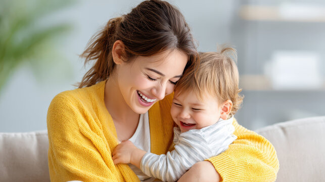Smiling mother embracing her joyful toddler in cozy living room with bright decor and soft lighting