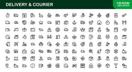 Delivery and Courier Line Icon Collection – Unique, clean, and creative icons illustrating transportation, package handling, and courier solutions