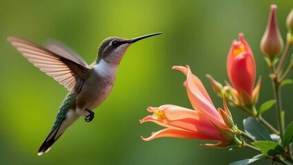 Fototapeta premium Hummingbird in flight near vibrant flowers.