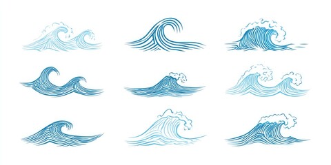 Nine stylized, light blue ocean waves