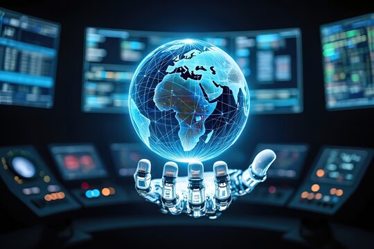 Futuristic Global Technology Interface Robotic Hand Displaying. - Powered by Adobe