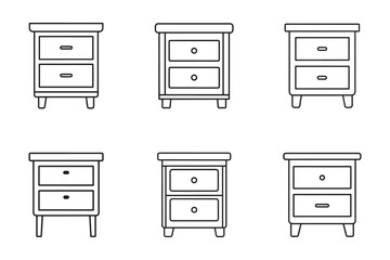 Collection of Simple Bedside Table Illustrations Minimalist Furniture Design Black and White Line Art Room Decor Elements Vector Graphics