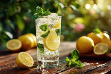 Glass of fresh lemonade with lemon slices, mint leaves and ice on wooden table. Refreshment healthy drink