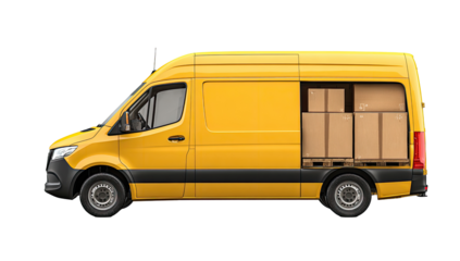 Bright yellow delivery van, side view, loaded with boxes