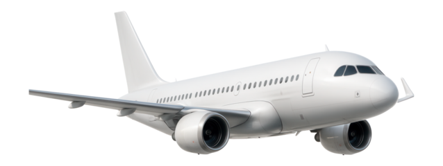 A modern white commercial airplane with two engines and a sleek design, mid-flight, showing wings and tail fin on transparent background.