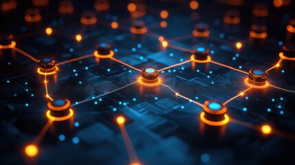 Glowing network connections with blue and orange lights