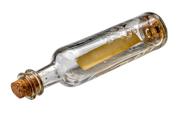 Fototapeta premium A message in a bottle, tilted, clear glass, cork stopper, vintage note