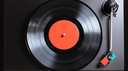 Fototapeta premium calming, rhythm, soothing, A close-up view of a vinyl record player with a black record and an orange label, showcasing the turntable and stylus.