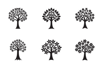 Collection of Six Black and White Tree Silhouettes with Varying Leaf and Flower Designs in a Vector Format