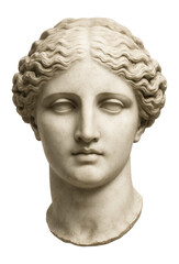 Obraz premium Marble sculpture of a classical female head with detailed facial features and wavy hair, on transparent background.