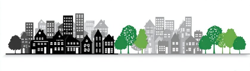 Obraz premium Cityscape with trees, contrasting black and gray buildings with green trees