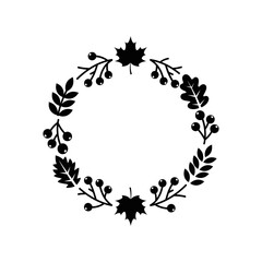 A simple black and white wreath with leaves and berries arranged in a circular pattern design element