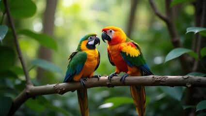 Naklejka premium Two colorful parrots perched on a branch.