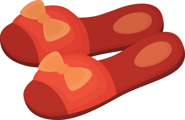 Red slippers with bows isolated on white background. Pair of female comfortable footwear for home