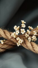 Delicate white flowers adorning a twisted natural fiber rope